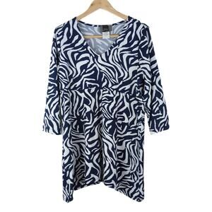 Slinky Brand Womens Blue & White Liquid Knit Stretch Empire Tunic Top Size L